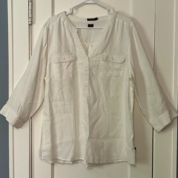 La Naturelle 100% linen blouse size XXL white 3/4 roll tab sleeve minimalist - Picture 1 of 10